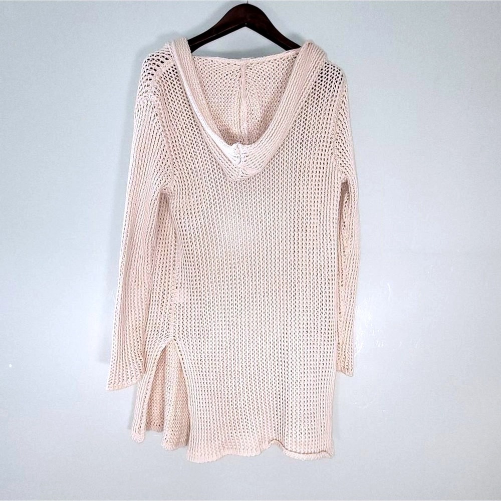 Open Knit Hooded Cardigan Women Small Blush Pink Mesh Longline Side Slit